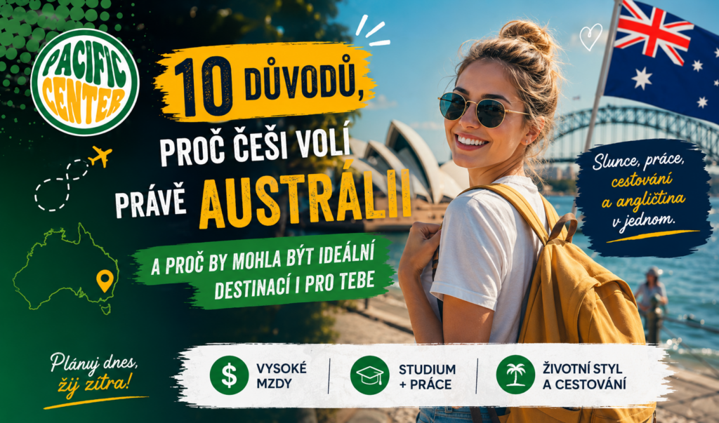 Mladá cestovatelka s batohem před Operou v Sydney a australskou vlajkou. Grafika Pacific Center představující 10 důvodů, proč Češi volí Austrálii pro studium, práci a cestování.