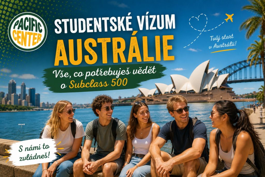 Skupina zahraničních studentů tráví slunečný den u Sydney Opera House. Grafika Pacific Center představující australské studentské vízum Subclass 500 a průvodce studiem v Austrálii.