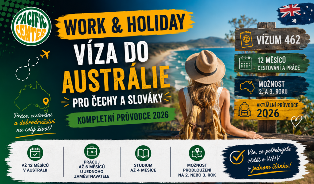 Working Holiday vízum do Austrálie pro Čechy a Slováky. Grafika Pacific Center s informacemi o vízu subclass 462, práci, cestování a možnostech prodloužení pobytu v Austrálii.