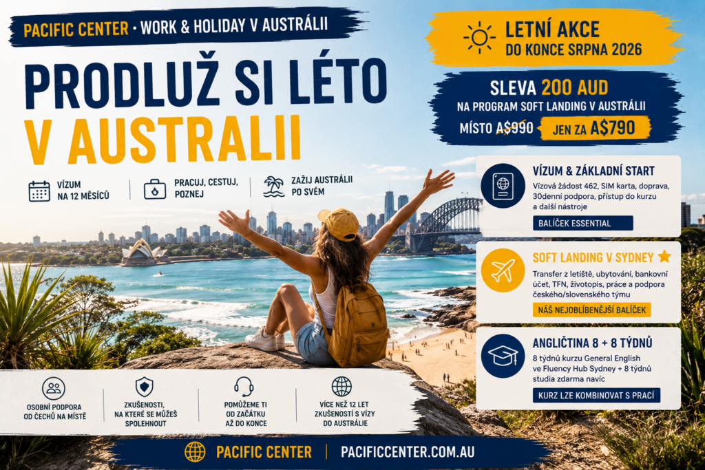 Work & Holiday Austrálie (Subclass 462) – mladý cestovatel s výhledem na Sydney Opera House a Harbour Bridge. Grafika Pacific Center představující vízum 462, program Soft Landing a podporu při příjezdu do Austrálie.