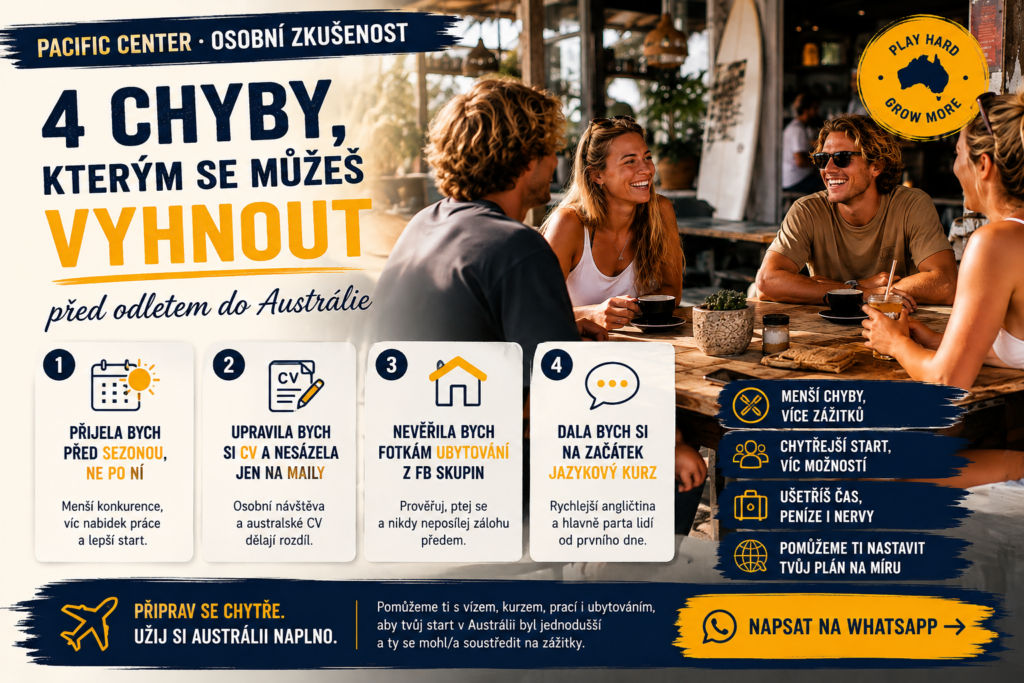 Skupina mladých lidí sedí v australské kavárně a užívá si společný čas. Featured image k článku Pacific Center o čtyřech nejčastějších chybách, kterým se vyplatí vyhnout před odletem do Austrálie.