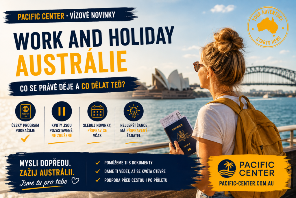 Work and Holiday vízum do Austrálie – aktuální informace o pozastavené kvótě pro české žadatele a přípravě žádosti.